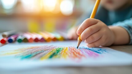 A child's hand drawing with colored pencils on paper, filled with vibrant colors.