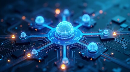 Isometric Illustration of a Centralized Data Hub with Interconnected Nodes, Circuits, and Glowing Lines, Representing Efficient Data Flow and Advanced Network Infrastructure
