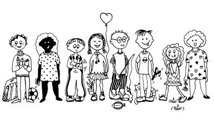Children of different emotions, feelings, and moods. Girls and boys  hand drawn line vector illustration