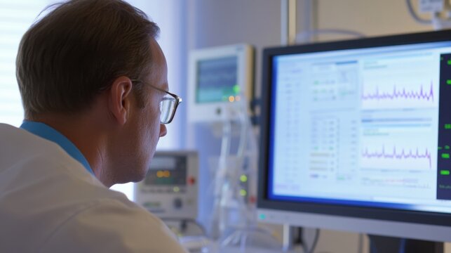 A sleep specialist reviewing sleep study results on a computer screen in a sleep clinic, with polysomnography equipment and data charts visible, Analytical style