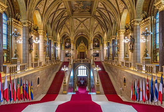 Hungarian Parliament Interior - The Grand Stairway in Budapest, Hungary.