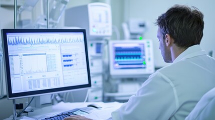 A sleep specialist reviewing sleep study results on a computer screen in a sleep clinic, with polysomnography equipment and data charts visible, Analytical style
