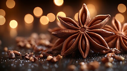 Close-up of star anise with bokeh lights in the background.