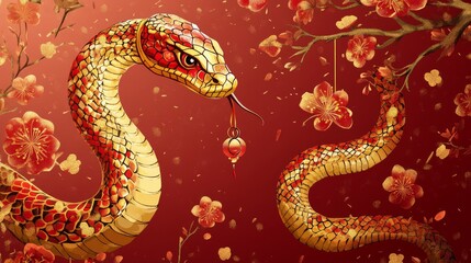 Obraz premium New Year. An illustration of a greeting card with a snake, the symbol of the year 2025 in oriental style