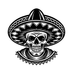 skull in sombrero silhouette vector black design