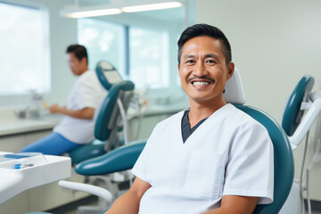 Dentist is wearing a big smile and ready to provide excellent dental care and services, copy space