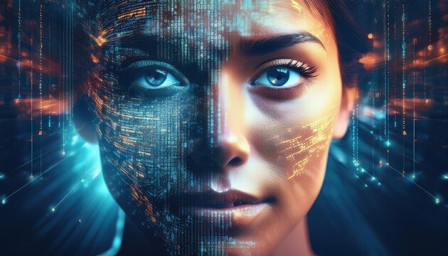 Artificial intelligence concept; background, header for blog or social media posts about AI and technology; digital particles and code fragments forming a photorealistic woman's face