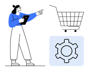 Woman holding a tablet and pointing, accompanied by a shopping cart and gear icons. Ideal for e-commerce, online shopping, technology settings, digital marketing, user interfaces. Simple modern style