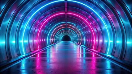 Long shot underground tunnel with blue and pink glowing neon lights background wallpaper