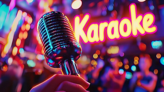 A vibrant microphone held up in front of a colorful karaoke sign.