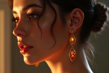 Elegant woman with amber earrings in warm glow against soft focus background