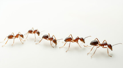 Fototapeta premium Line of ants marching on white background in search of food
