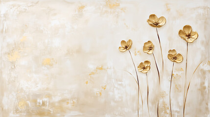 Hand Painted 3D Gold Oil Flowers. Health Psychology Yoga Meditation Rich VIP Pattern. Modern Female Cosmetic Wallpaper. Grass Wheat Flowers Organic Oil Painting. Stylized Floral Acrylic Canvas.
