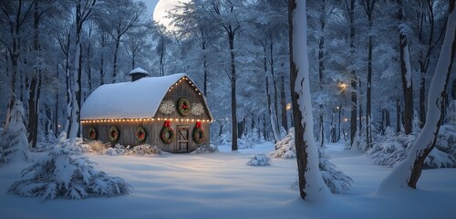 A forest clearing blanketed in snow with a small, rustic barn decorated with holiday wreaths and string lights. The snowy landscape glows softly under the light of a full moon.