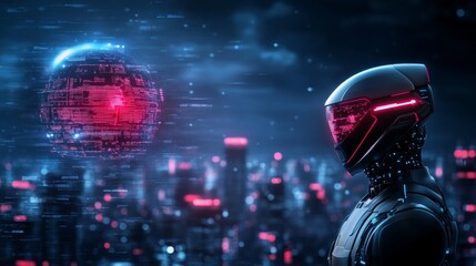 Naklejka premium Futuristic robot gazing at a digital cityscape