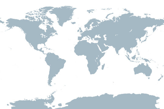 The world, gray general reference map. Map of the surface of the Earth with landmasses of all continents, with largest lakes, oceans and seas, in Miller cylindrical projection. Illustration. Vector.