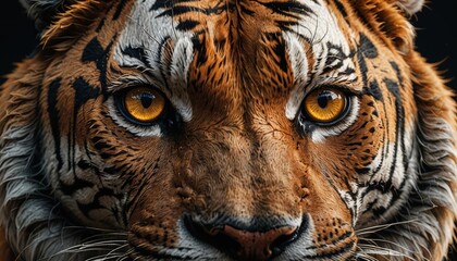 A close-up of a tiger's face, showcasing its striking eyes and distinctive fur patterns.