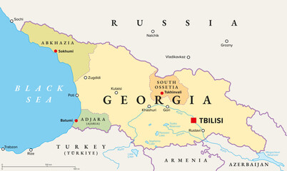 Georgia with capital Tbilisi, political map. Country in Eastern Europe and West Asia, part of Caucasus region. With autonomous republics of Abkhazia and Adjara, and independent region South Ossetia. © Peter Hermes Furian