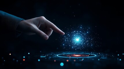 Futuristic hand interacting with a glowing cosmic orb