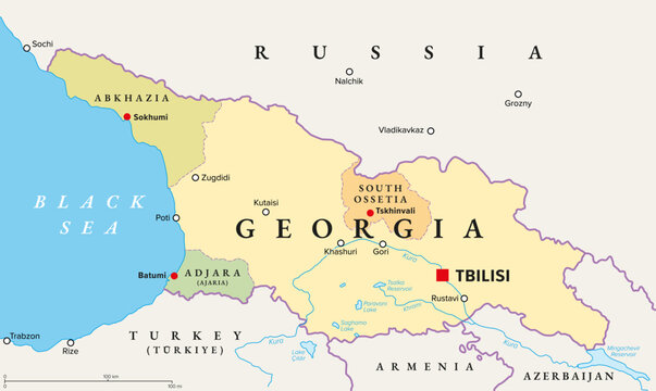 Georgia with capital Tbilisi, political map. Country in Eastern Europe and West Asia, part of Caucasus region. With autonomous republics of Abkhazia and Adjara, and independent region South Ossetia.