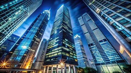 Modern skyscrapers with perspective view at night low angle