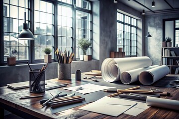 Monochrome Design Studio Mockup with Paper Sheets, Graphite Pencils, and Rolls for Creative Workspace Inspiration