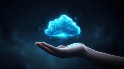 Hand holding a glowing digital cloud concept