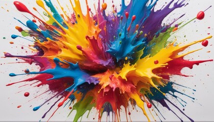 Splatters of vivid colors burst forth in an expressive display as shades of blue, yellow, red, and green mix dramatically against a blank canvas, showcasing artistic energy and creativity