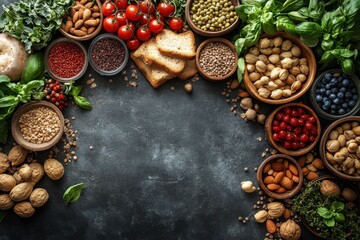 A vibrant assortment of fresh ingredients displayed on a dark countertop in a kitchen setting