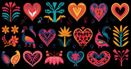 A vibrant collection of stylized hearts, flowers, and birds, showcasing colorful patterns and designs.