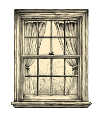 Vintage window illustration with curtains isolated on transparent background, classic architectural artwork ideal for rustic decor and historical themes, PNG