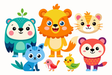 Whimsical Cartoon Animals with Bright Colors on White Background