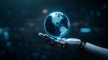 Futuristic robotic hand holding a digital globe
