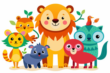 Whimsical Cartoon Animals with Bright Colors on White Background