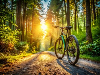 Obraz premium Mountain Biking Adventure on Gravel Road Through Lush Woodland Trail