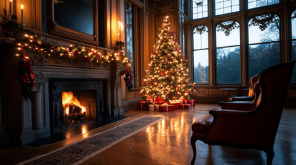 Obraz premium A beautifully lit Christmas tree stands beside a grand fireplace, elegantly adorned with festive garlands and holiday decor, filling the room with warmth and joy during the holiday