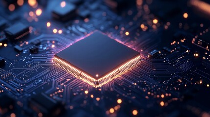 Close-up of a glowing microchip on a circuit board