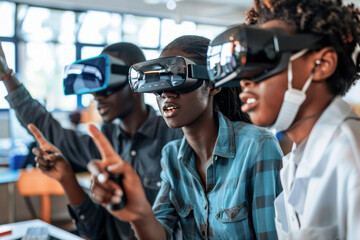 High school students using virtual reality tools to conduct scientific experiments in a futuristic classroom