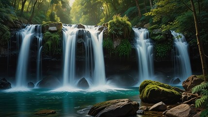 Obraz premium a beauty of a cascading waterfall surrounded by lush greenery. The water falls from a great height, creating a powerful and mesmerizing spectacle.