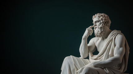 A finely detailed marble sculpture of Socrates, his expression pensive and his Greek robes cascading elegantly, embodying the wisdom and introspective nature of ancient Greek thoug