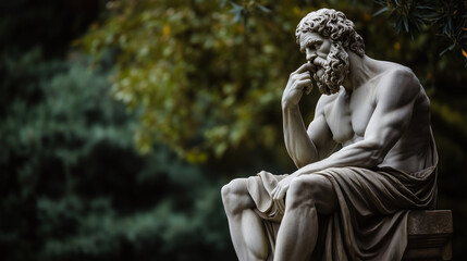 An exquisite statue of Socrates, his weathered face full of deep reflection, his robes rendered with delicate precision, representing his eternal legacy in the realm of philosophy.