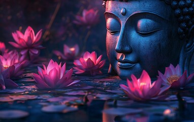 Buddha statue surrounded by vibrant lotus flowers. The image features a captivating blend of colors, a magical glow effect, and cinematic lighting that creates a dark and mysterious atmosphere.