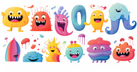 Naklejka premium A colorful collection of cartoonish monsters with various expressions and designs, showcasing playful and whimsical characters.