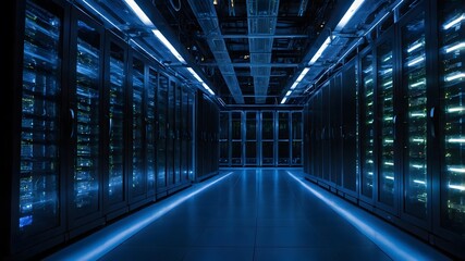 Fototapeta premium High-Tech Technology Center Equipped with Advanced Fiber Optic Patch Cores for Fast, Reliable Data Transmission and Network Connectivity in a Modern IT Infrastructure 