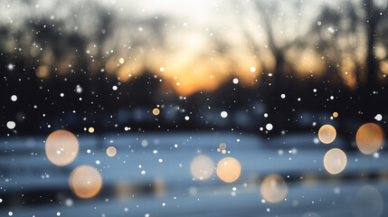 Fototapeta premium A soft swirl of illuminated snowflakes creates a dreamy blur in the air, their subtle glow complemented by sparkling reflections, adding a touch of magic to the winter scene.
