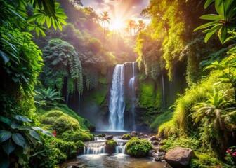 Fototapeta premium Mystic Waterfall in Bali Jungle – Enchanting Nature Photography for Travel Enthusiasts and Adventure Seekers
