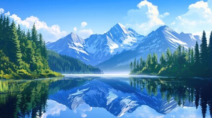 Fototapeta premium Mountain Lake Reflection: Tranquil Waters, Majestic Peaks, and a Serene Forest
