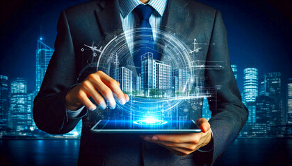 Zeichnung im Hologramm - Stil. Moderne Visualisierung in der Bauwerksplanung. Architektur mit künstlicher Intelligenz auf neuem Level.