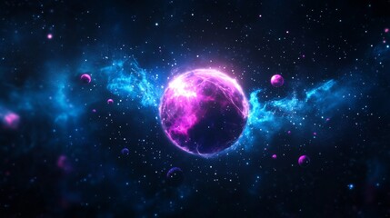 Obraz premium Vibrant cosmic scene with a glowing planet and nebulae