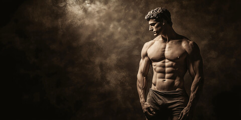 A finely sculpted Greek male statue stands stoically against a semidark backdrop, his carved features illuminated just enough to highlight the strength of his stance and form.